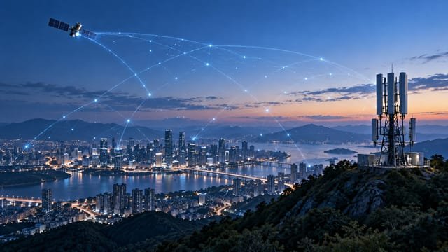 도시와 통신 안테나, 위성을 연결한 차세대 네트워크 개념 이미지