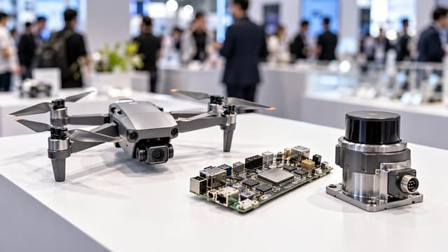 전자제품 시제품이 전시된 박람회 부스